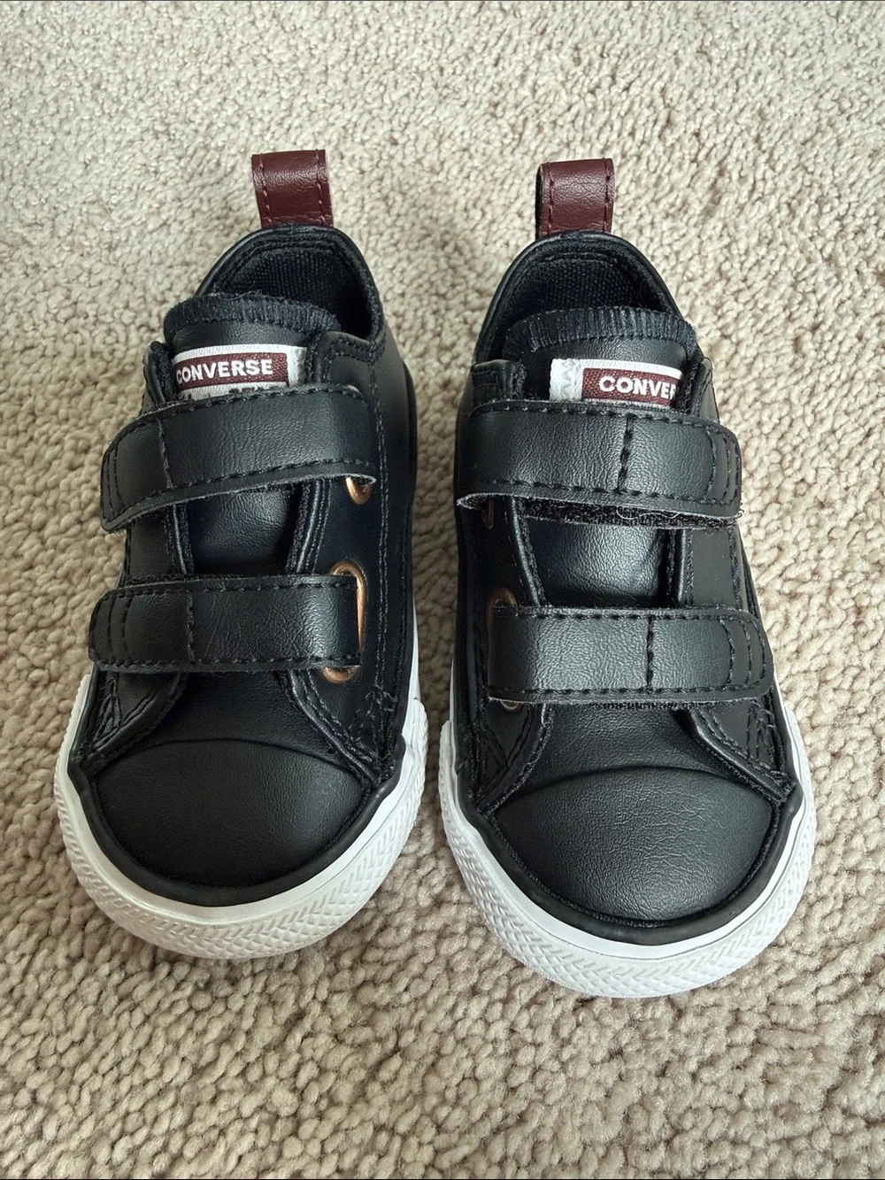 Baby Size 4 Converse Kids Black Leather Velcro Sneakers with Maroon Pull Tabs
